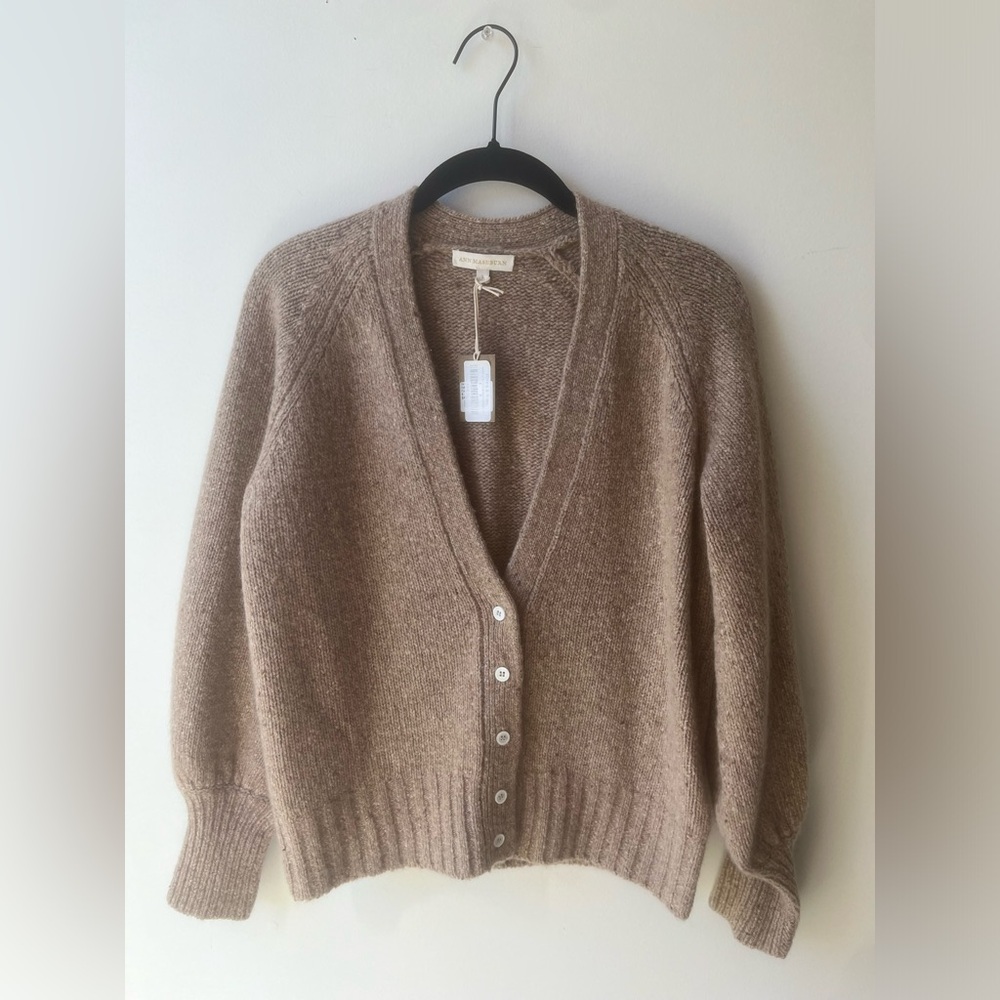 Ann Mashburn Stella V-Neck Cardigan Sweater in Camel Donegal Cashmere Small  NWT